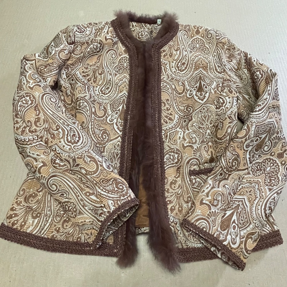 Baroque Gold Paisley Quilted Blazer Rhinestone Accent Martingale Back Belt Open